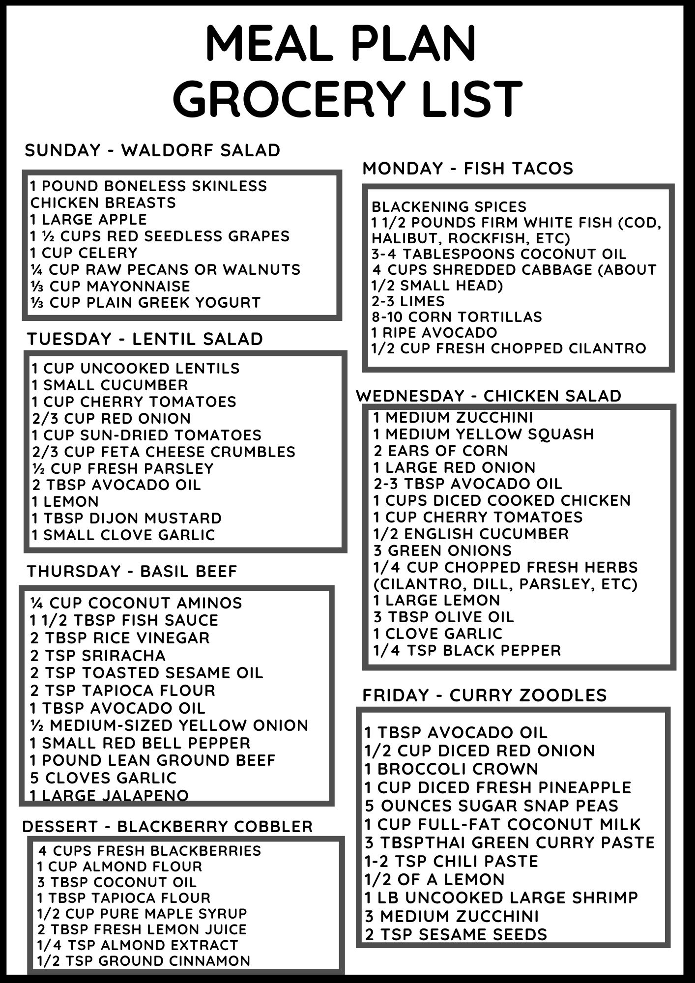 Grocery list for healthy meal plan