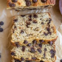 Banana bread sliced on a sheet of parchment paper.