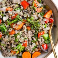 Bowl of ground beef, lentils and vegetables.