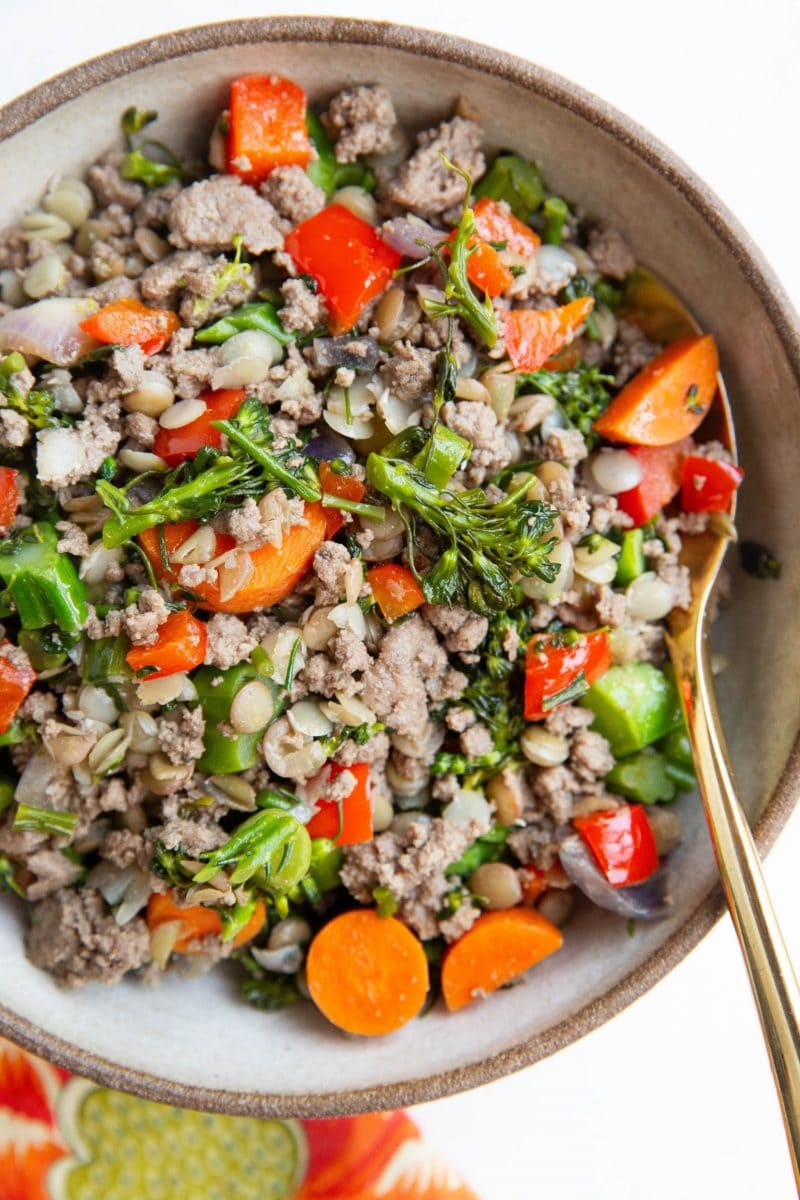 Bowl of ground beef, lentils and vegetables.