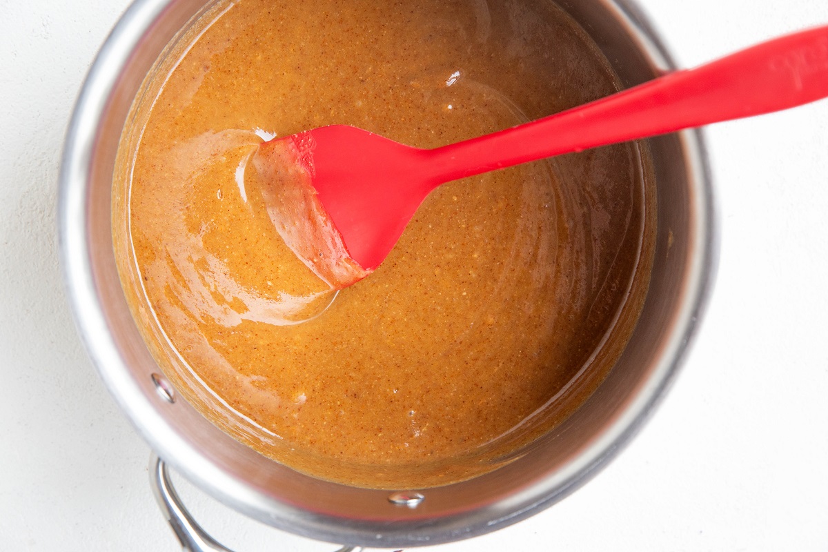 Almond butter, pure maple syrup and butter melted together in a saucepan.