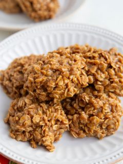 Almond Butter No-Bake Cookies on a white plate, ready to serve.