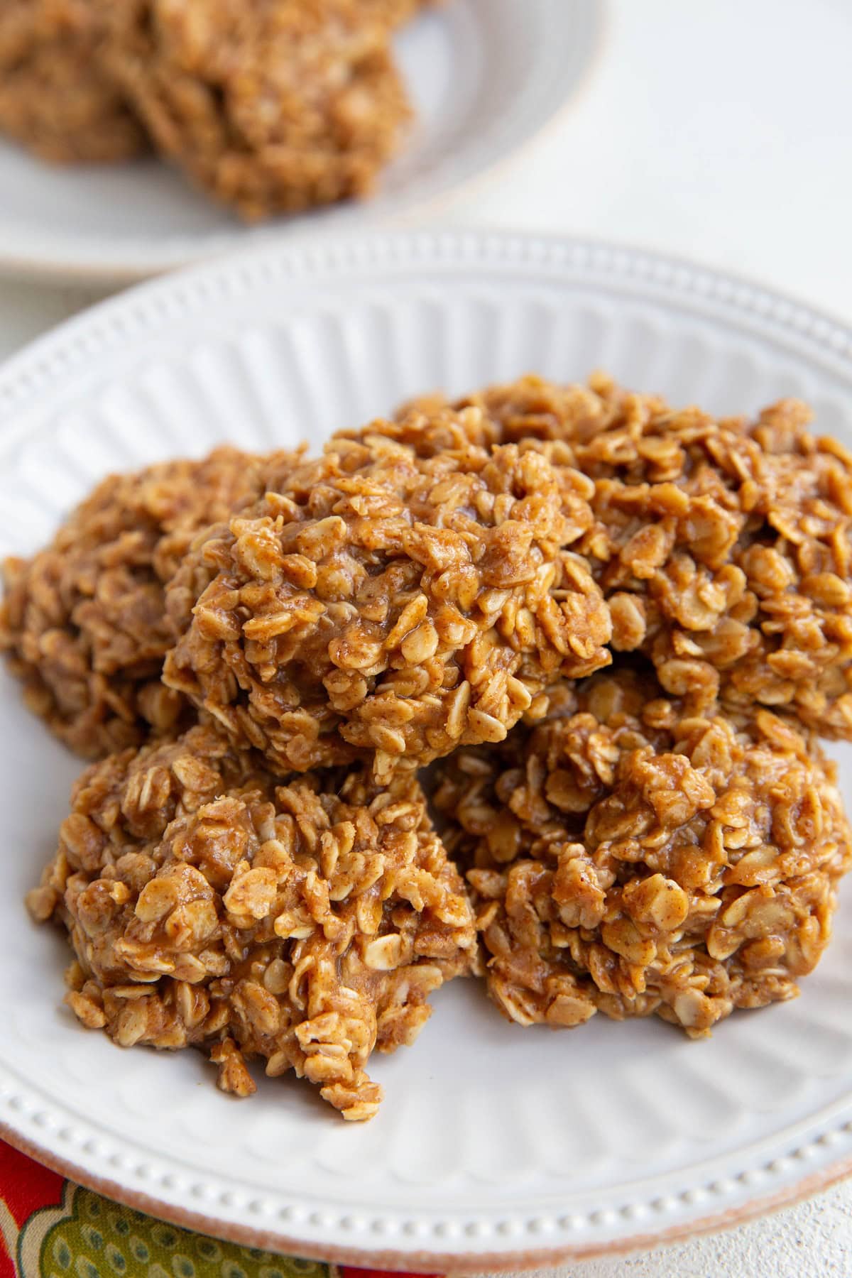 Almond Butter No-Bake Cookies on a white plate, ready to serve.