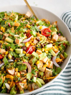 Big serving bowl of Southwest chicken chopped salad.