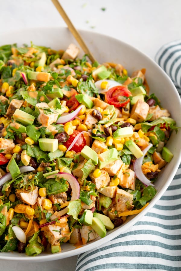 Big serving bowl of Southwest chicken chopped salad.