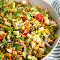 Big serving bowl of Southwest chicken chopped salad.