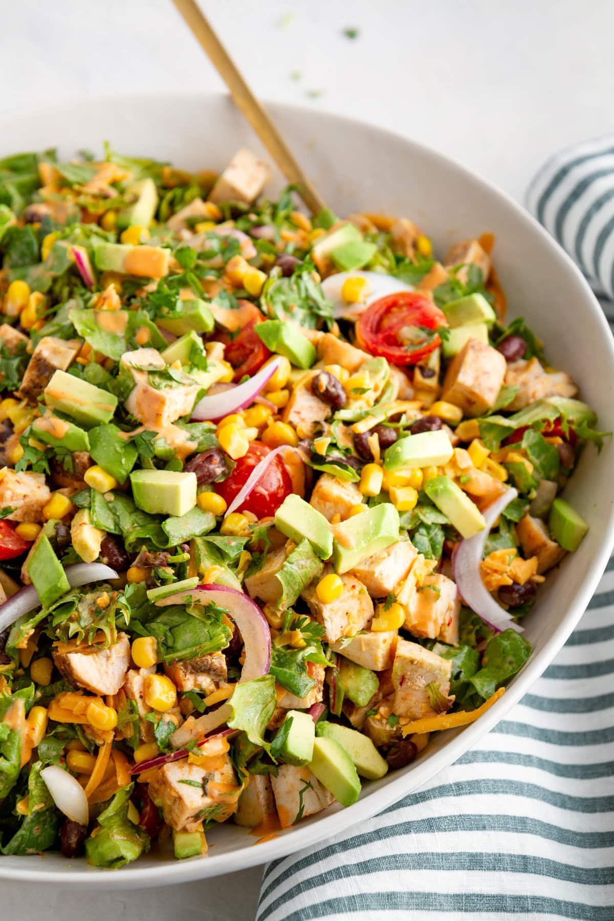 Big serving bowl of Southwest chicken chopped salad.