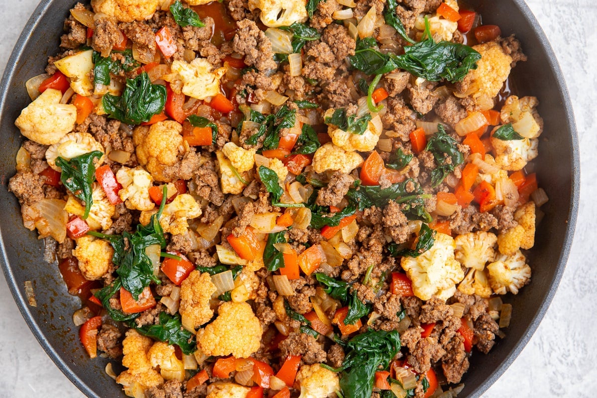 Finished ground beef and cauliflower skillet