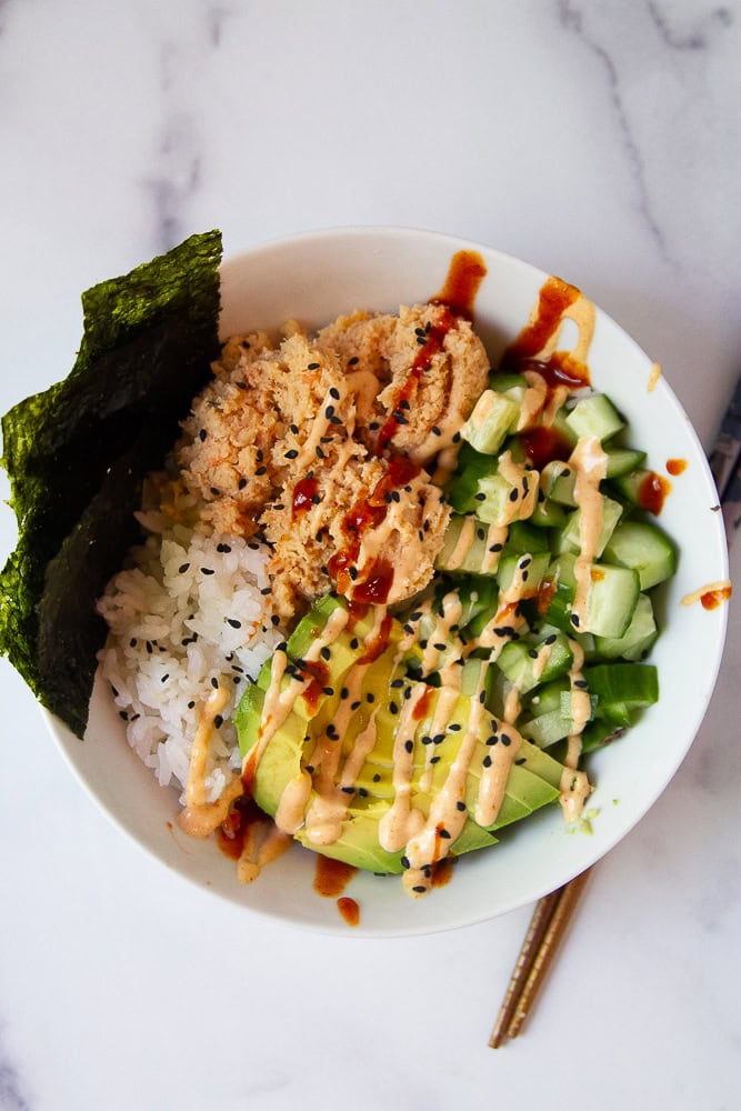 Spicy shrimp roll ingredients in a bowl.