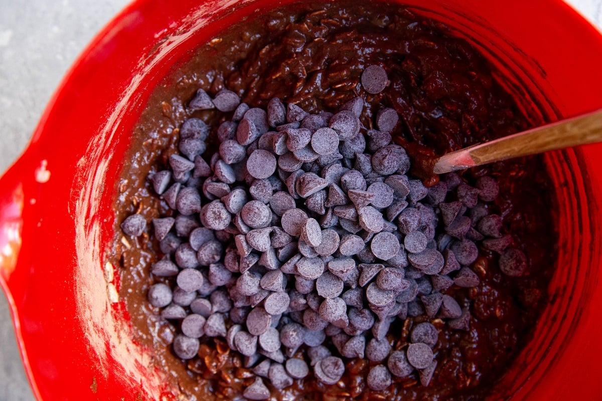 Chocolate oatmeal cookie batter with chocolate chips on top, ready to be mixed in.