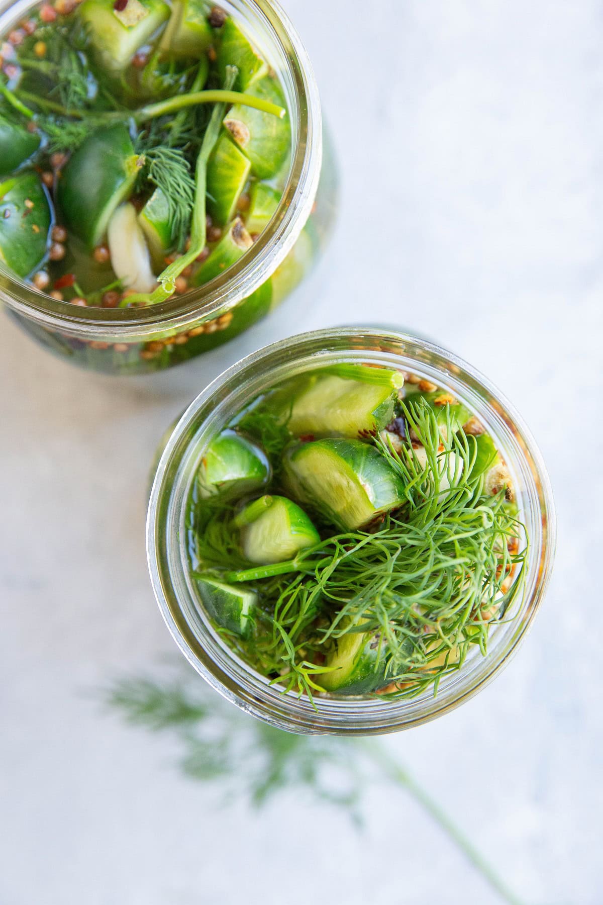 Two mason jars filled with dill pickles, ready to be sealed and transferred to the refrigerator.