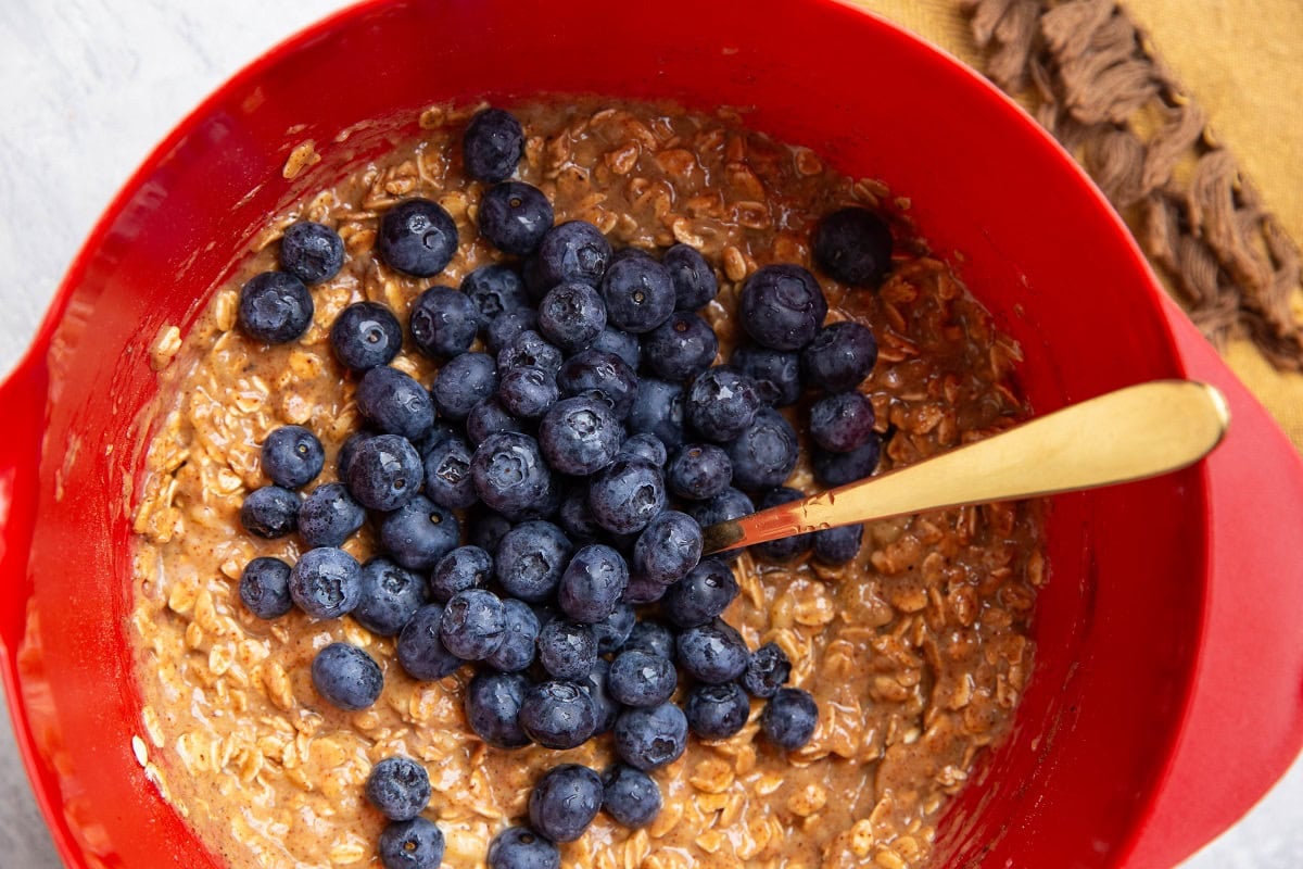 Fresh blueberries on top of the oatmeal mixture.