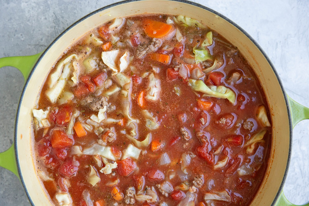 Soup ingredients in a large pot, ready to simmer.