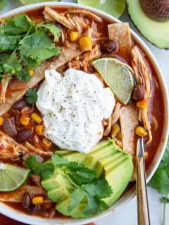 Big white bowl of chicken tortilla soup with avocado, sour cream, homemade tortilla strips and cilantro on top