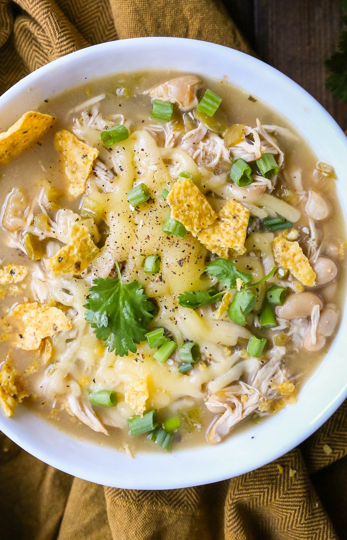Large white bowl of white chicken chili with cilantro, green onions, cheese and tortilla chips on top.