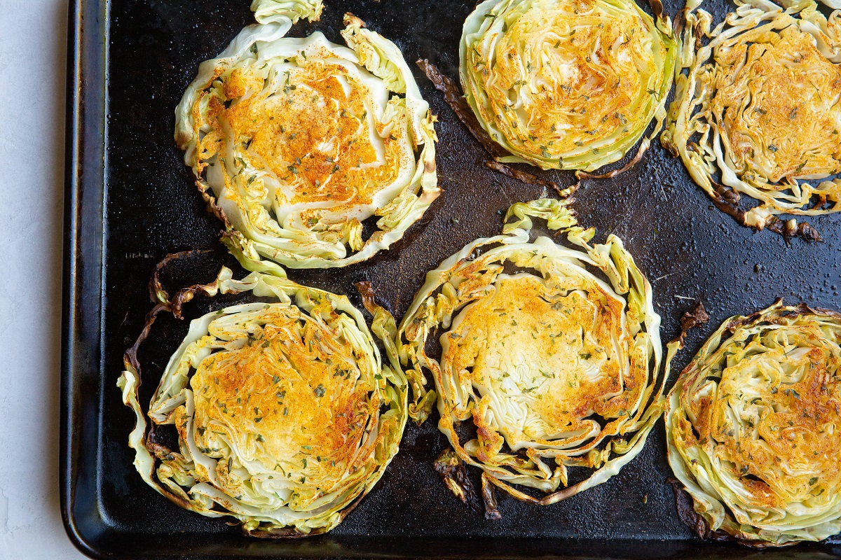 Roasted cabbage part-way through the baking process.