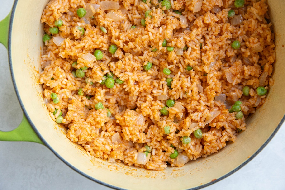 Pot of Mexican rice, ready to serve.