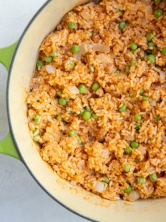 Mexican rice in a large pot, ready to serve.