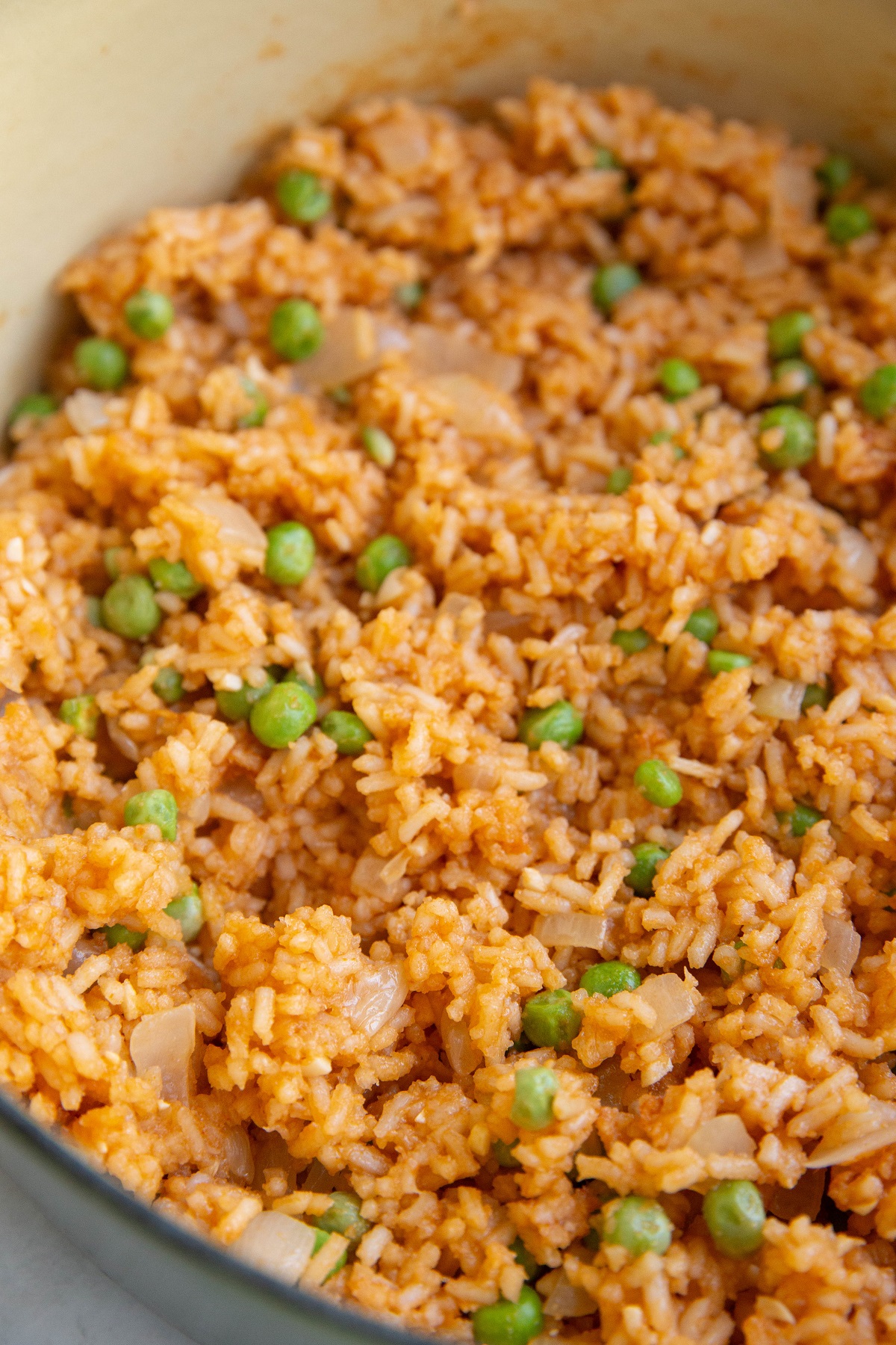 Close up on Mexican rice in a big pot. Freshly made and ready to eat.