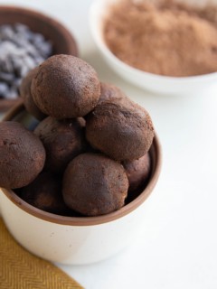 Bowl of brownie energy balls.