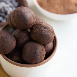Bowl of brownie energy balls.