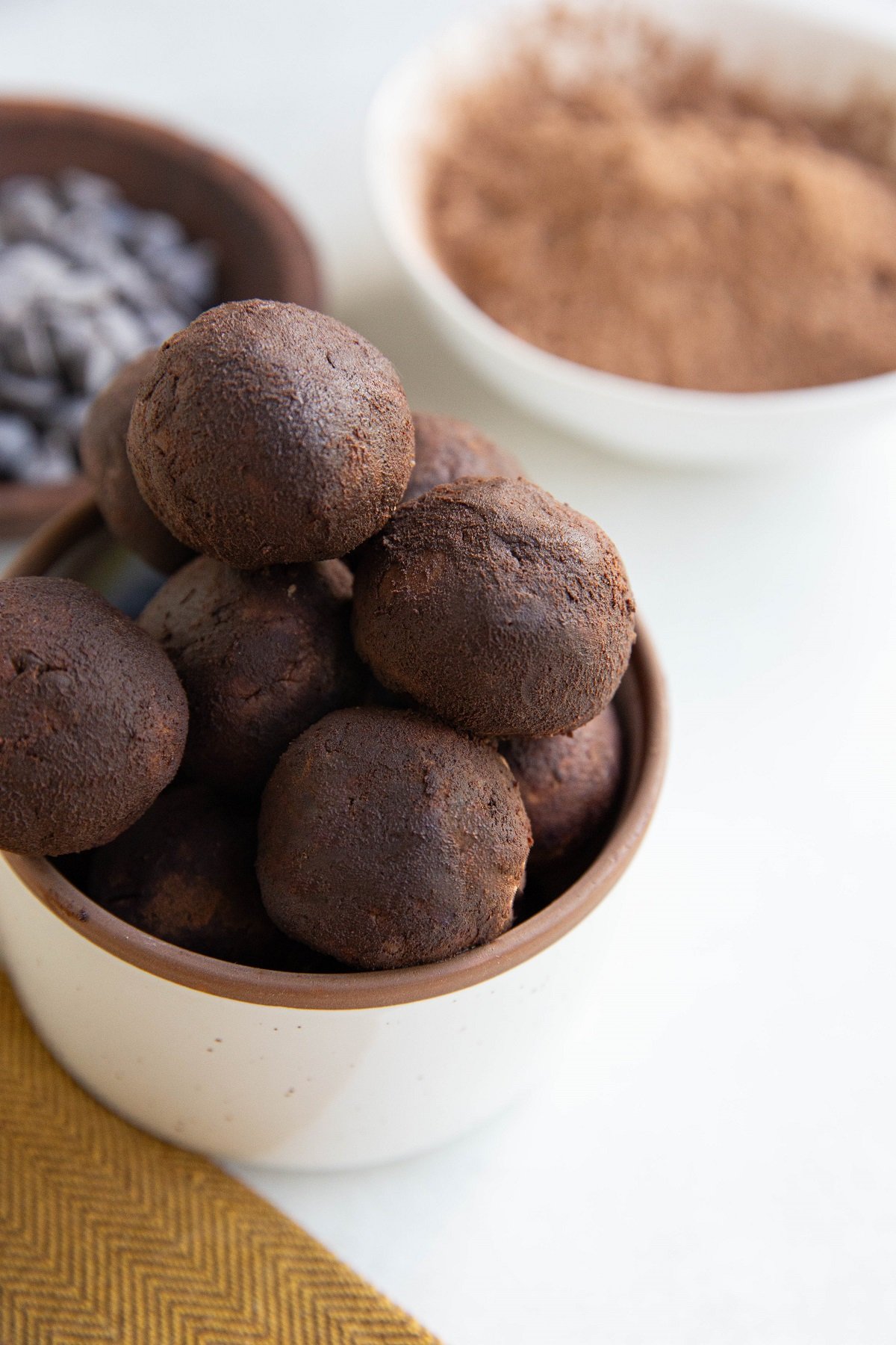 Bowl of brownie energy balls.