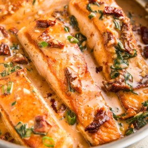 Stainless steel skillet with sun-dried tomato salmon inside and a blue napkin to the side, ready to serve.