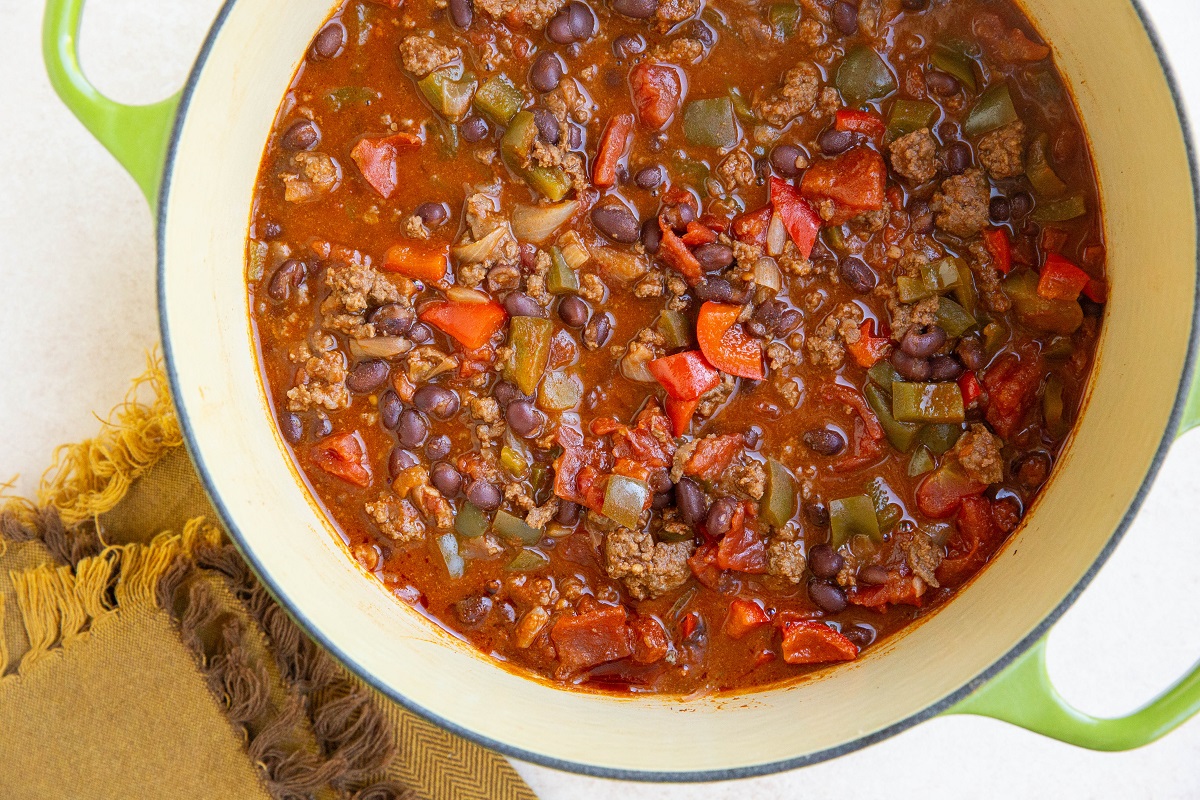 Venison chili in a large pot, ready to be served.