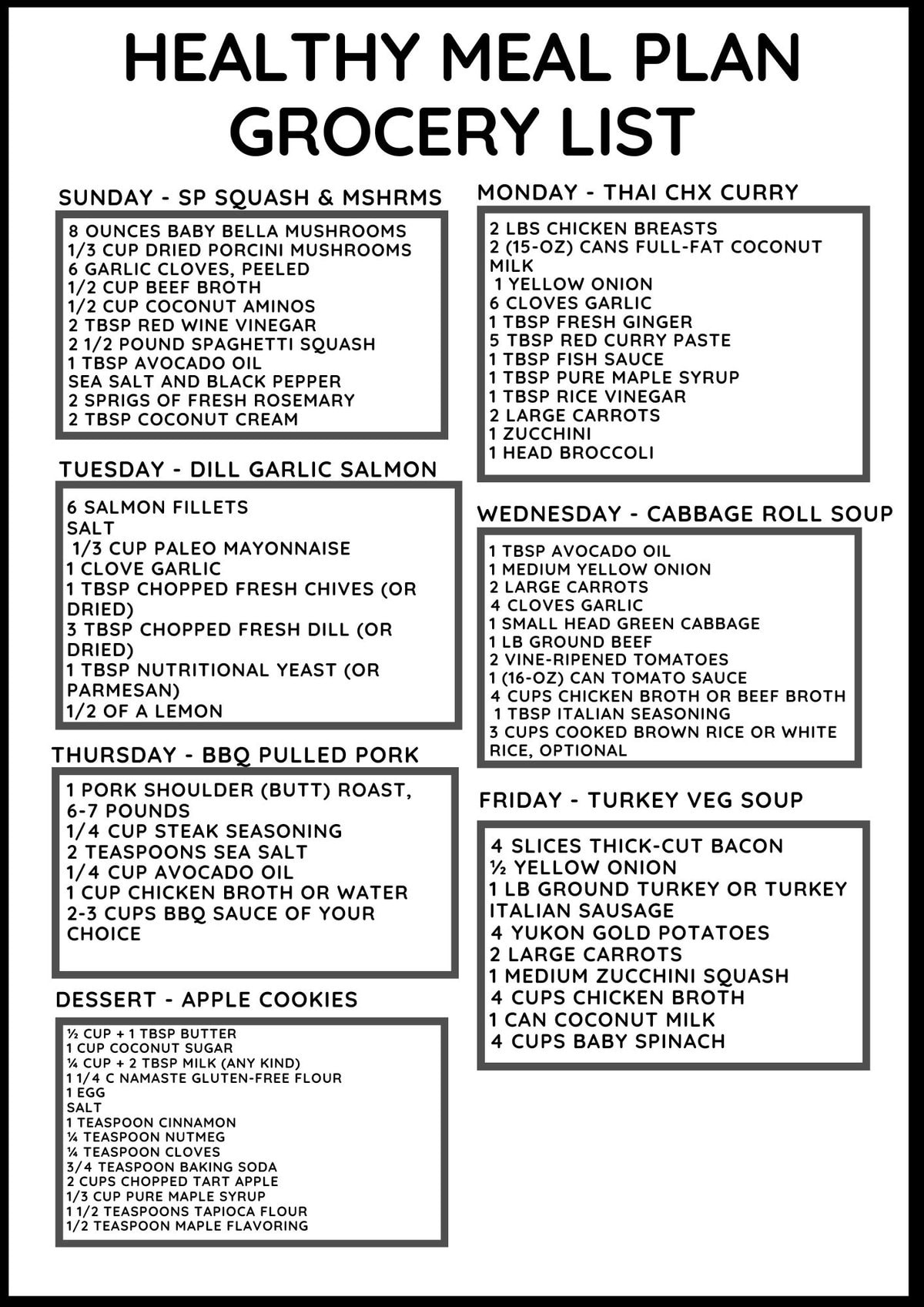 Meal plan grocery list