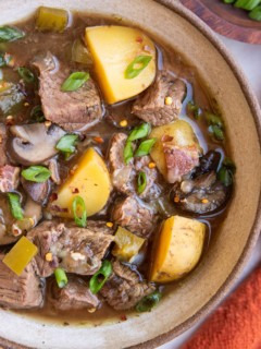 Big bowl of steak and potato soup with a bowl of chopped green onions and a red napkin to the side.