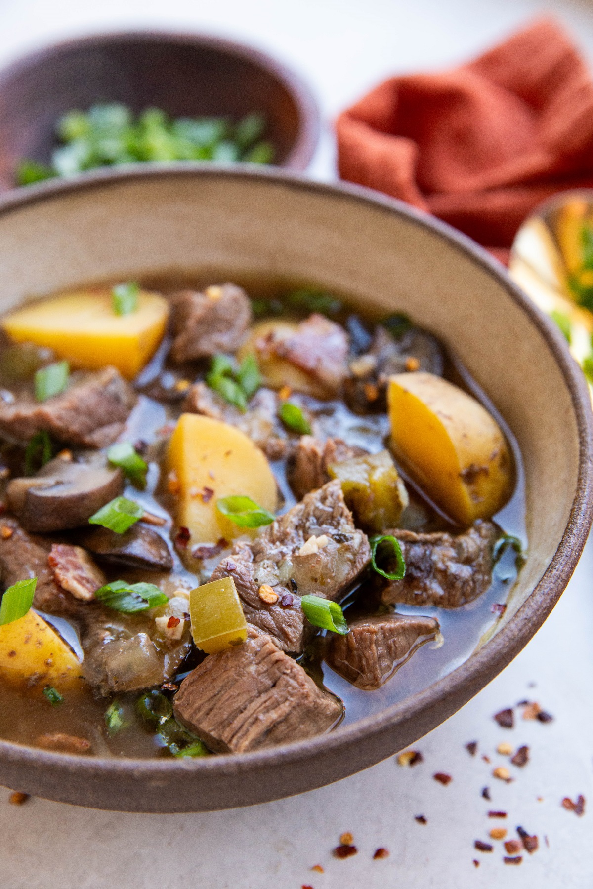 Bowl of steak and potato soup, ready to eat.