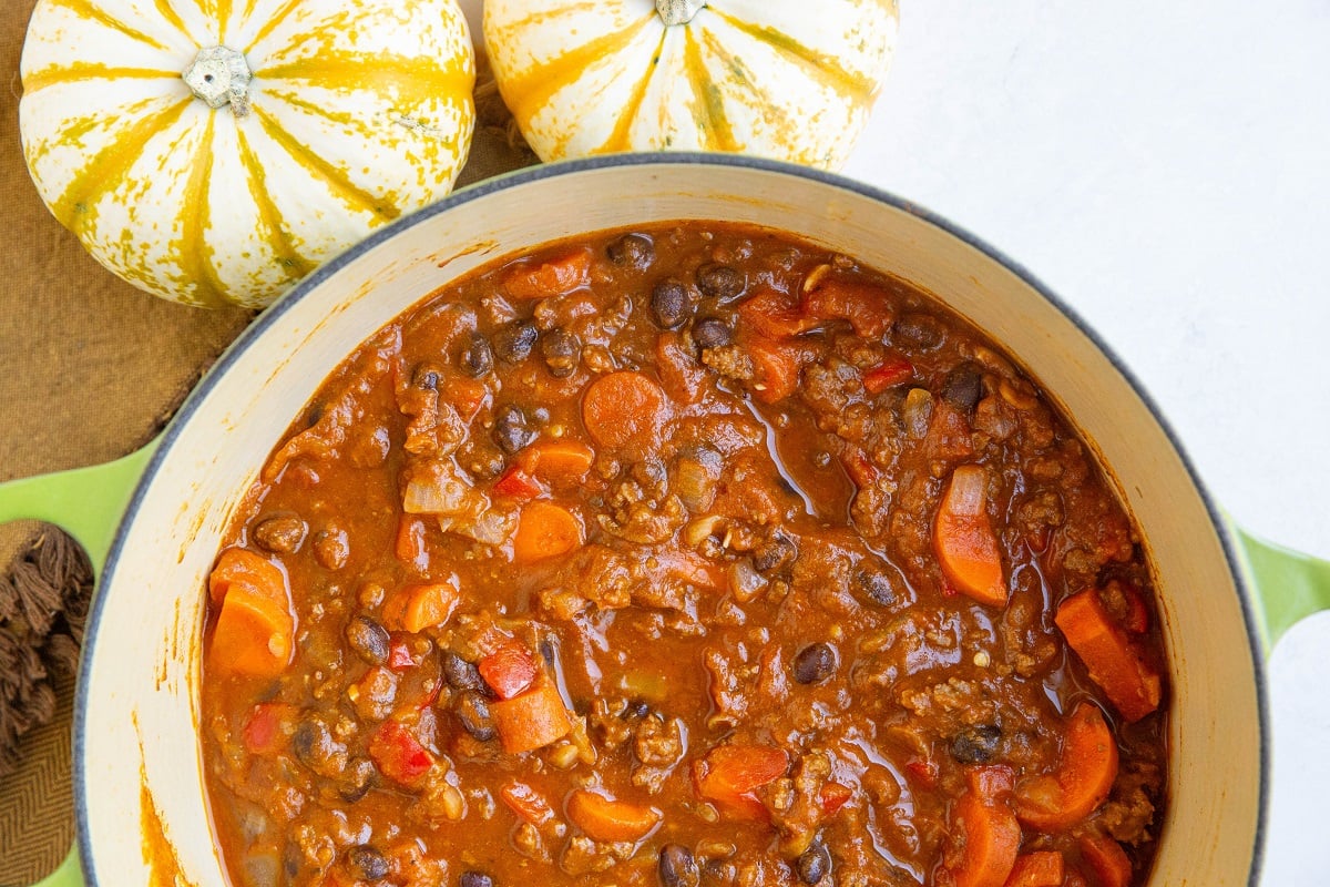 Pumpkin chili in a large pot, ready to serve.