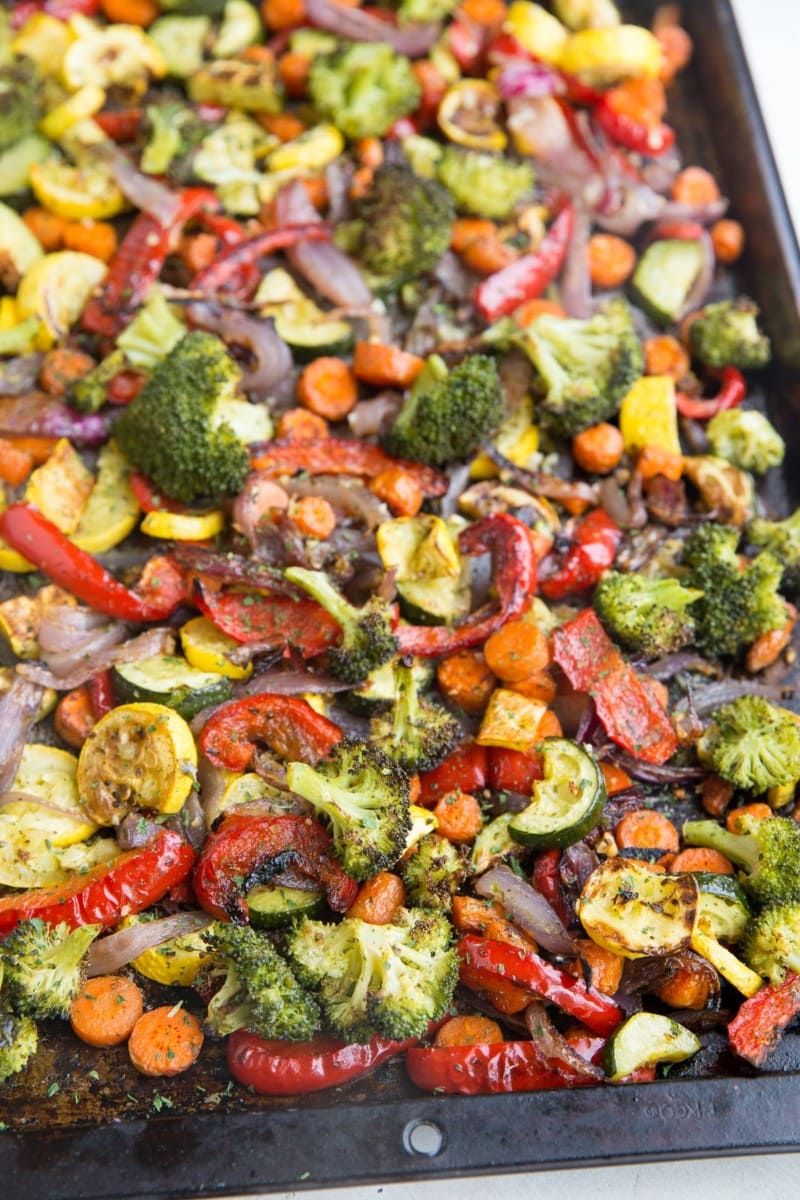 Large rimmed baking sheet full of roasted veggies.