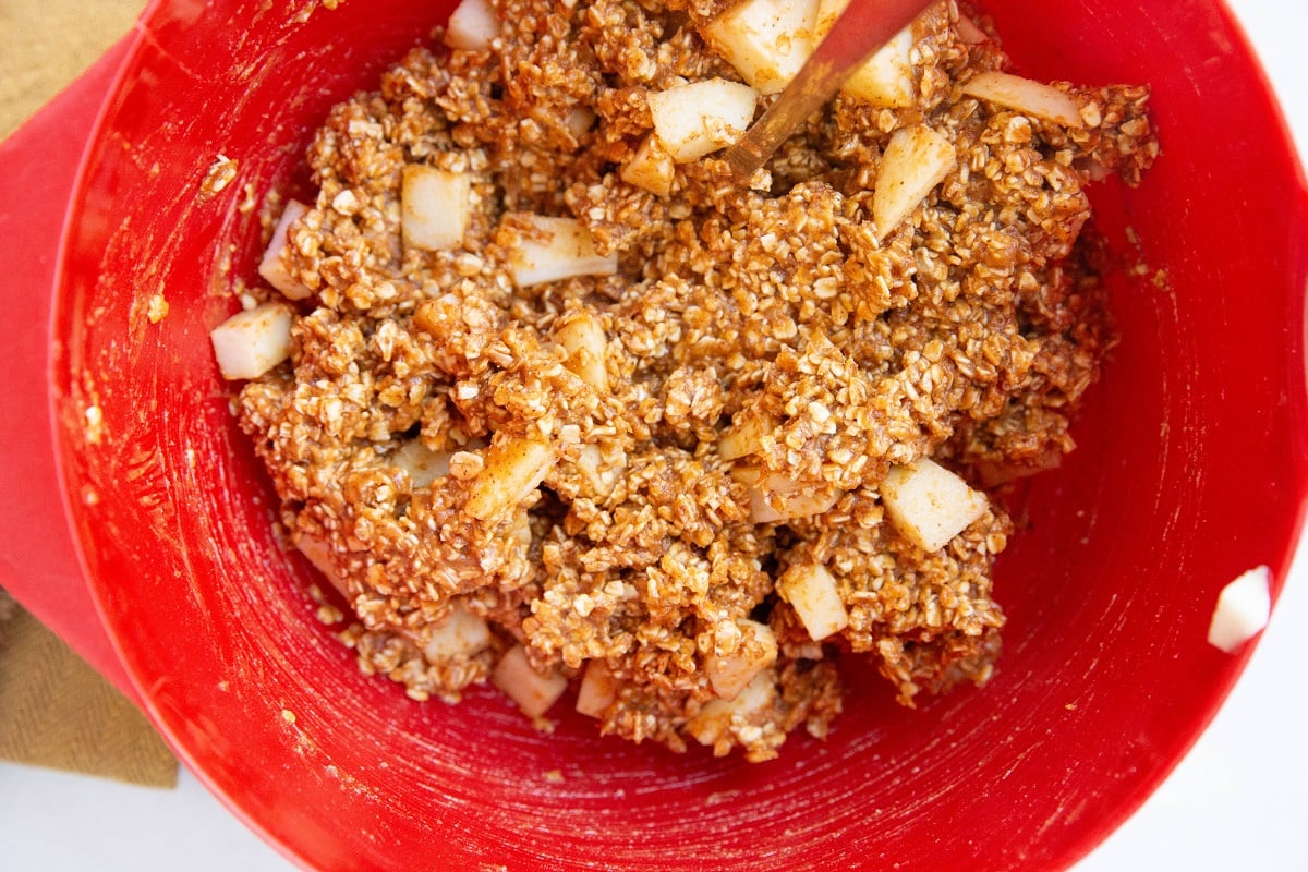 Pumpkin apple oatmeal mixture in a red mixing bowl, ready to be baked