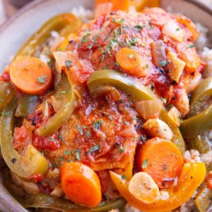 Big bowl of chicken cacciatore over brown rice with white white in the background.