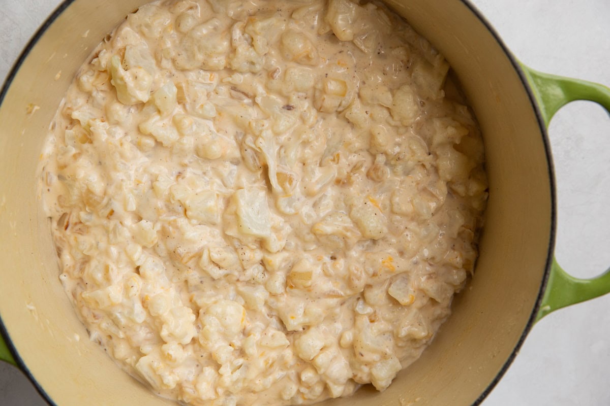 Finished cauliflower mac and cheese in a pot, ready to serve.