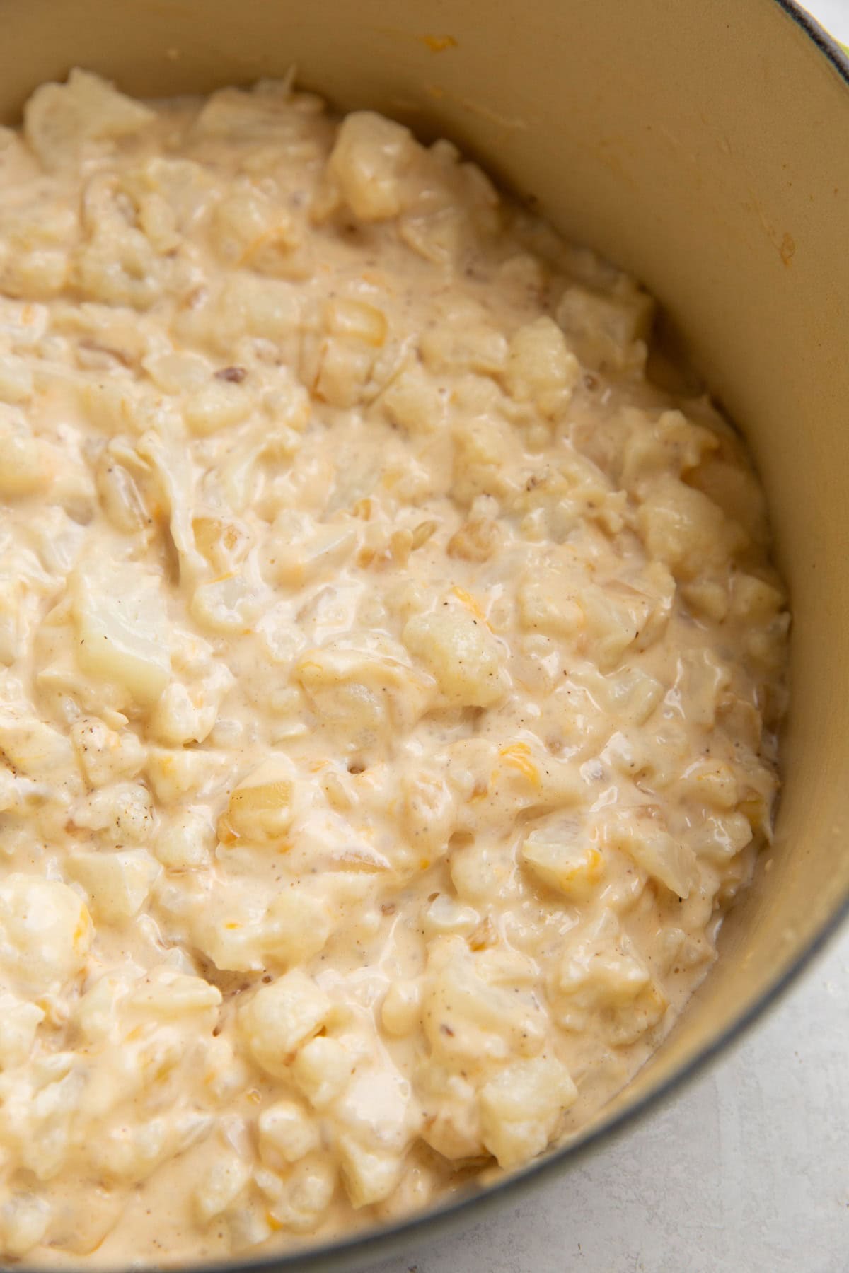 large pot of low carb cauliflower mac and cheese.