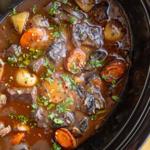 Slow cooker full of boeuf bourguignon.