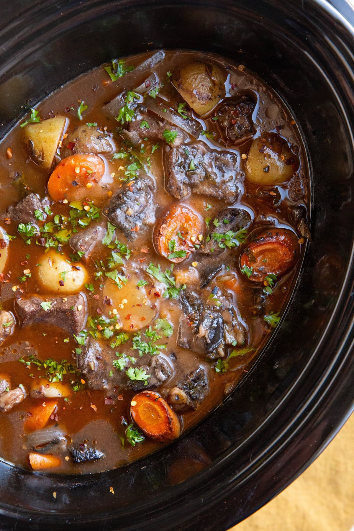 Slow cooker full of boeuf bourguignon.