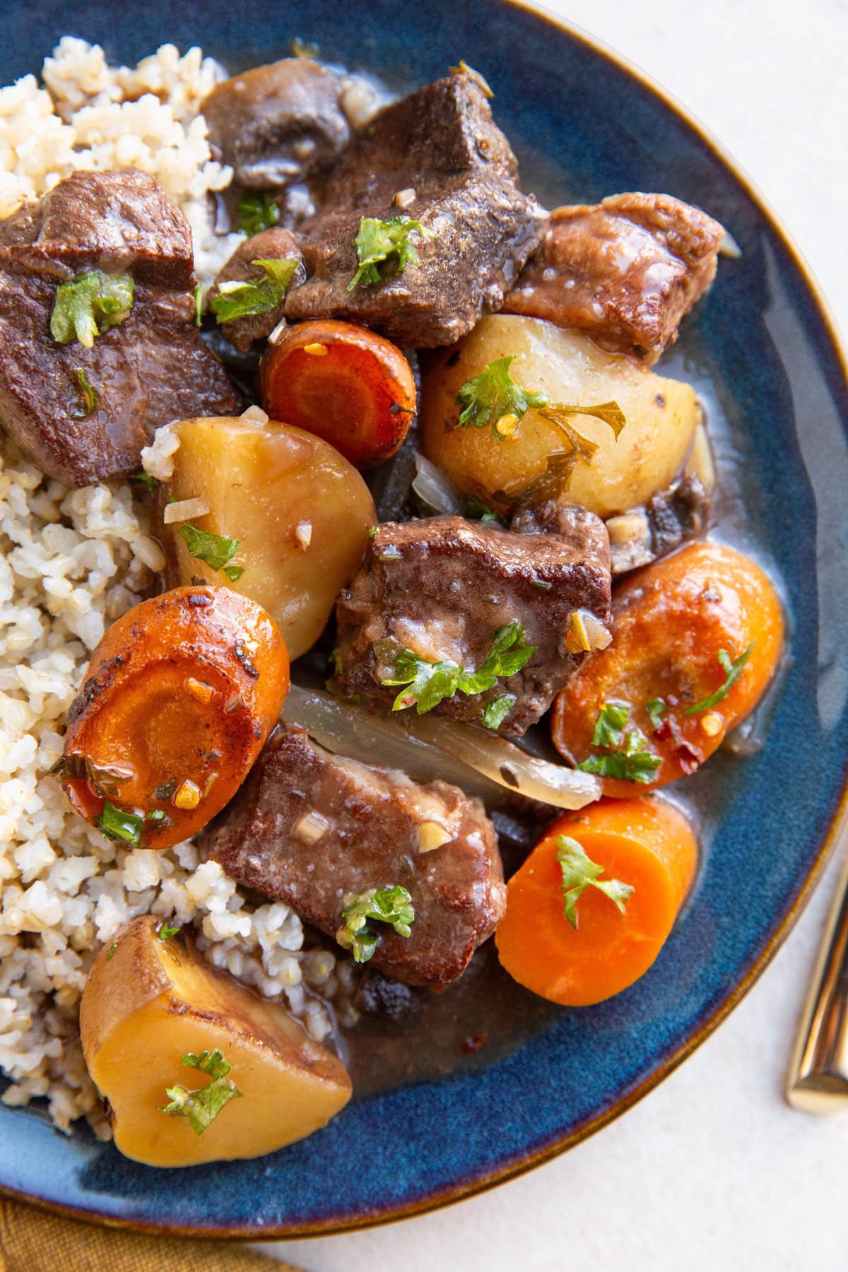 Blue plate with French beef stew and brown rice.