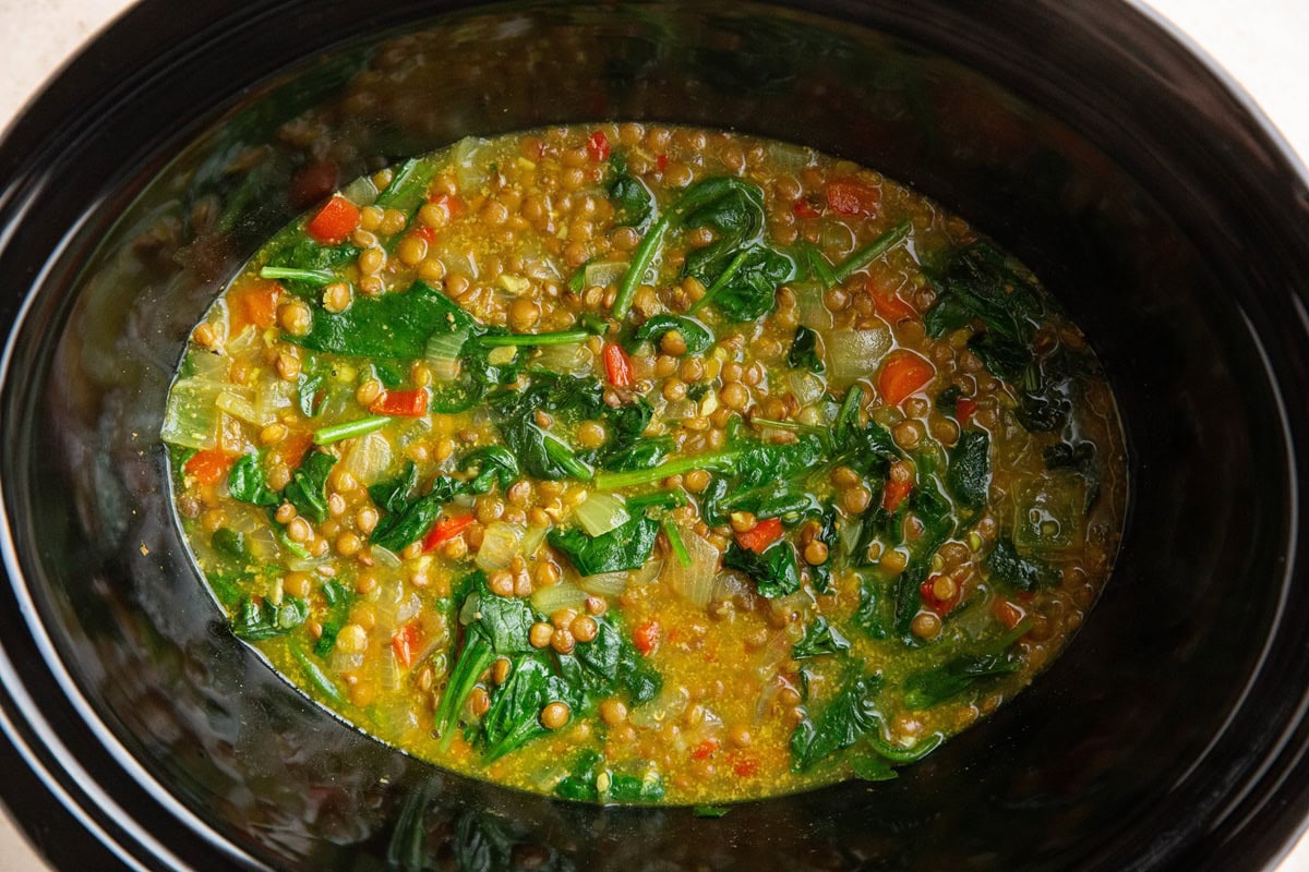 Finished curried lentil soup in a crock pot.