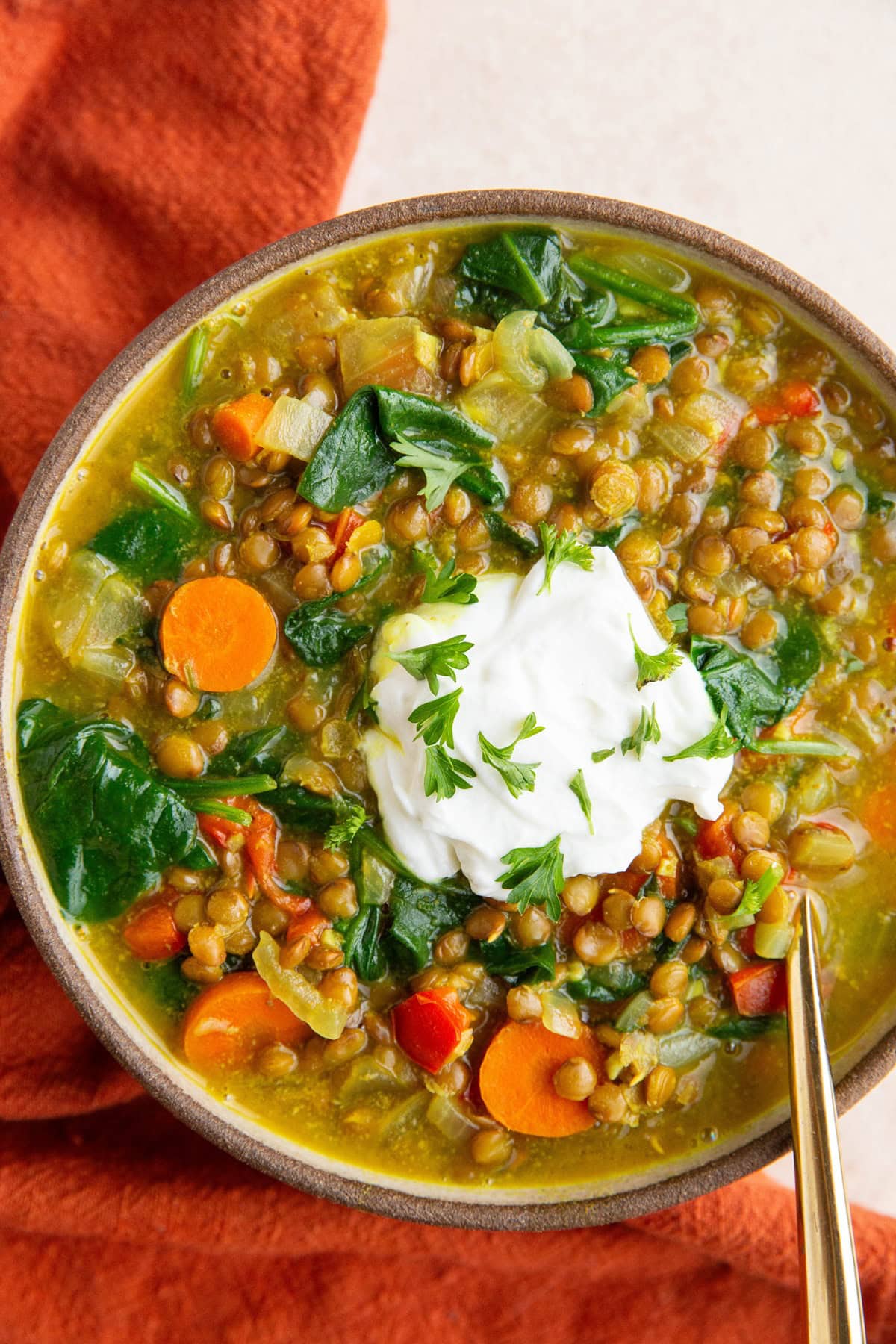 Bowl of curry lentil soup with Greek yogurt on top and a red napkin to the side.