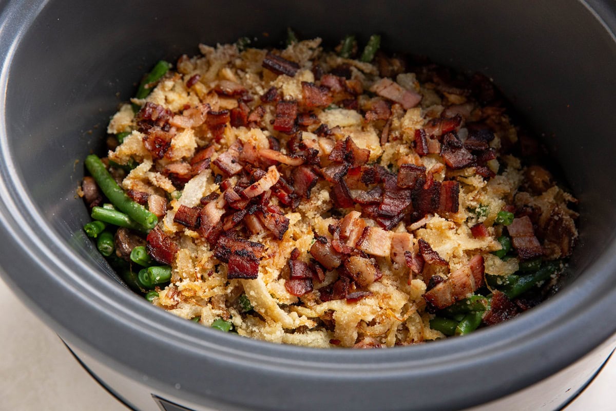 Slow cooker green bean casserole, finished and ready to serve.