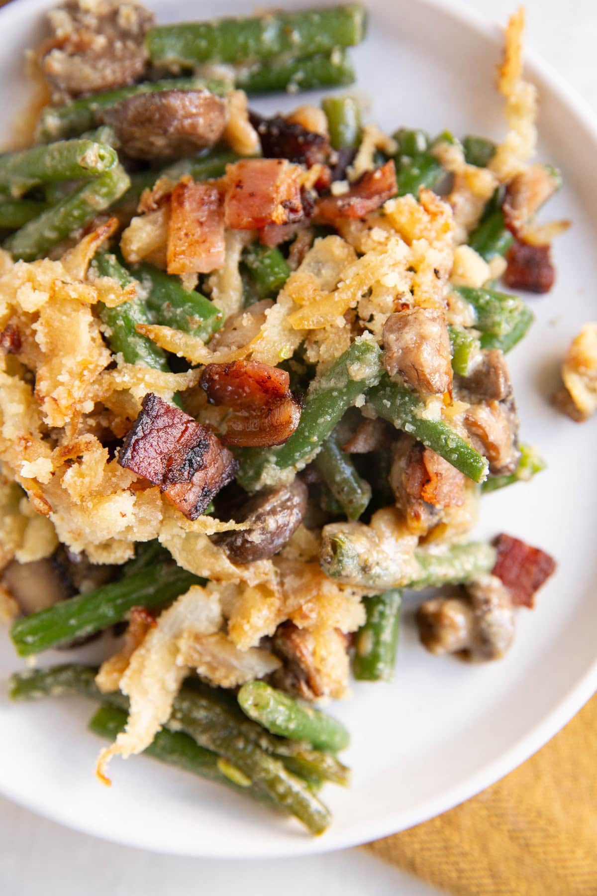 Plate with a serving of green bean casserole.