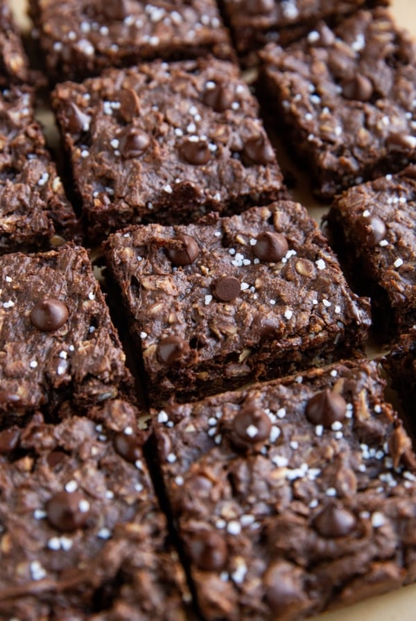 Chocolate peanut butter oatmeal cookie bars cut into individual squares