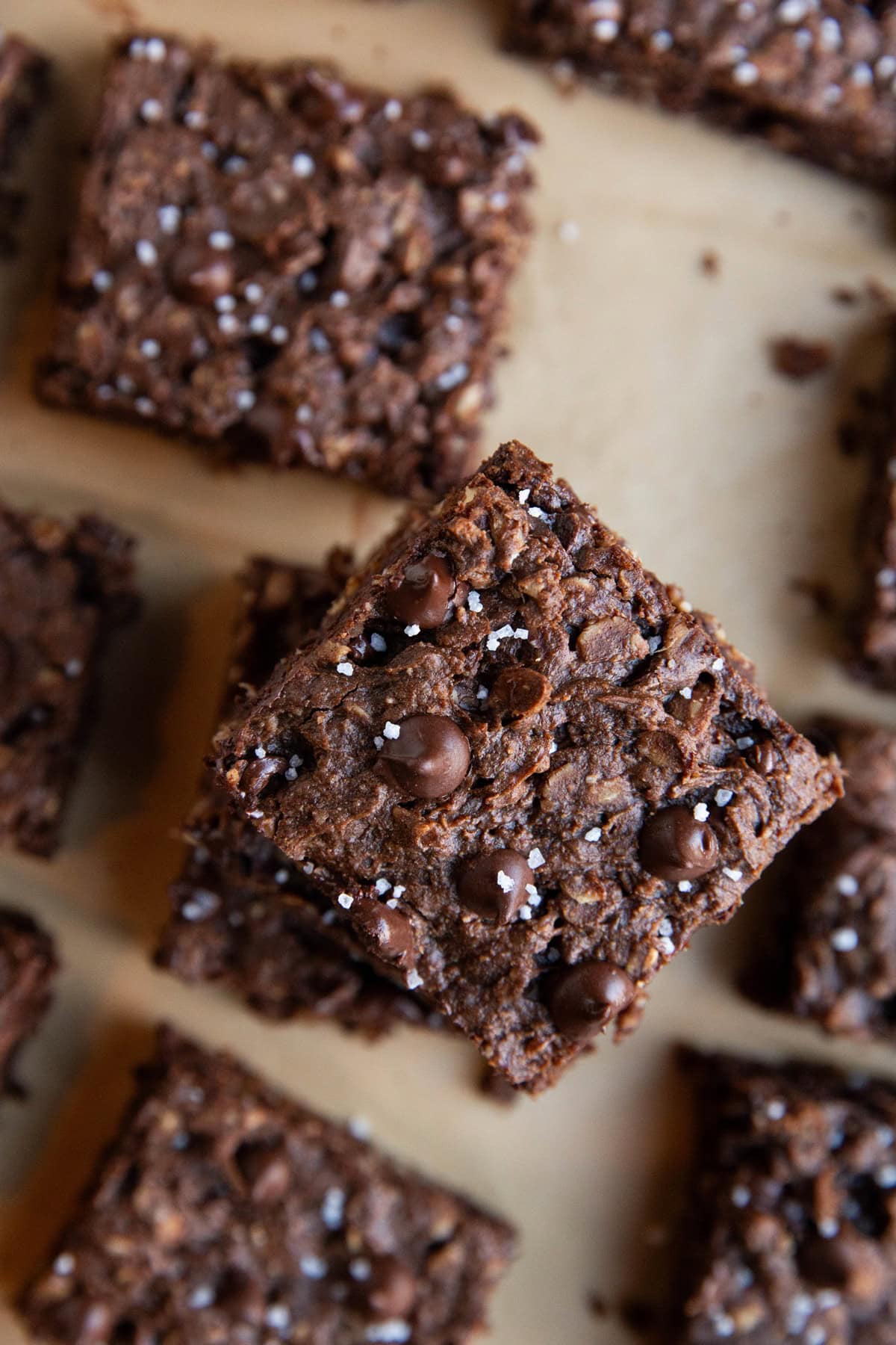 Pile of double chocolate oatmeal peanut butter cookie bars