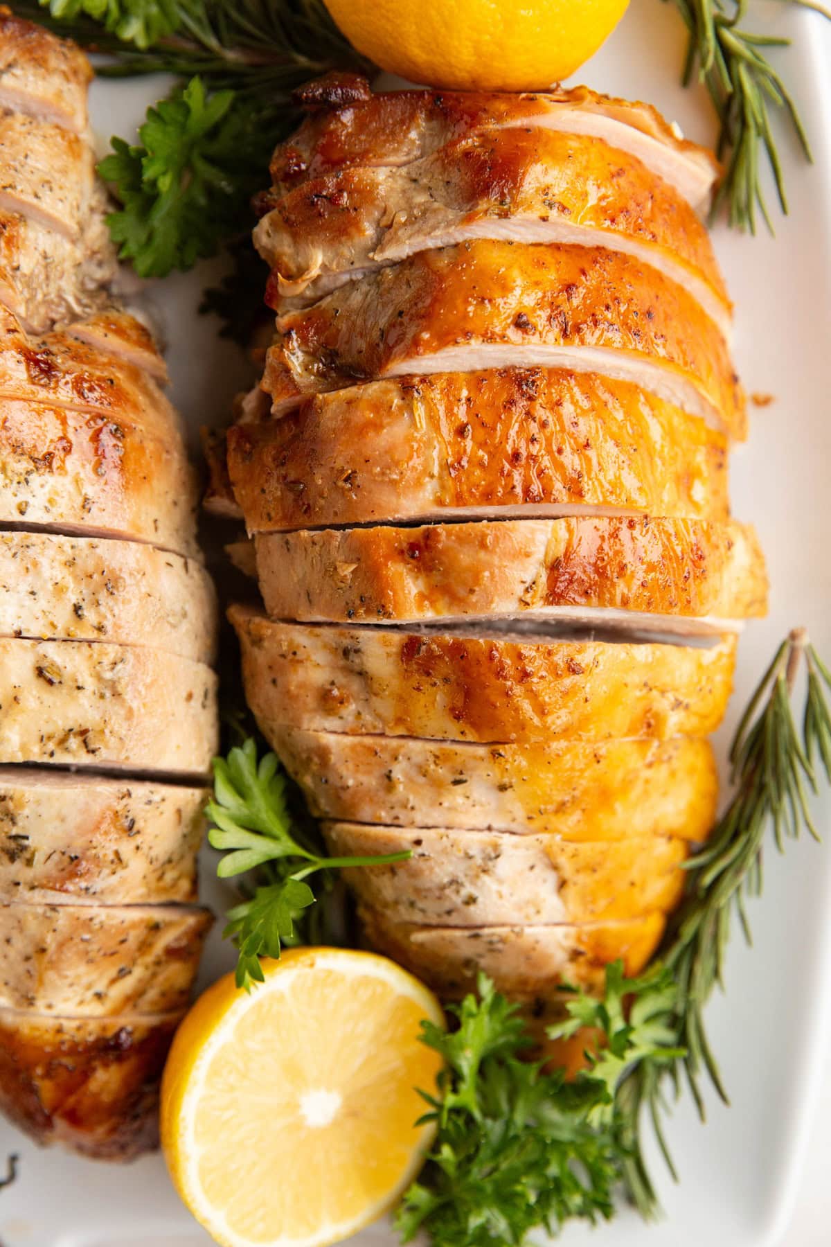 Close up sliced turkey breast on a plate.