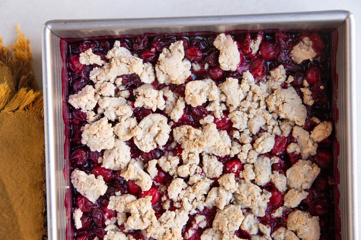 Baking dish of cranberry crumble