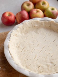 Gluten-free pie crust in a pie pan, ready to use.