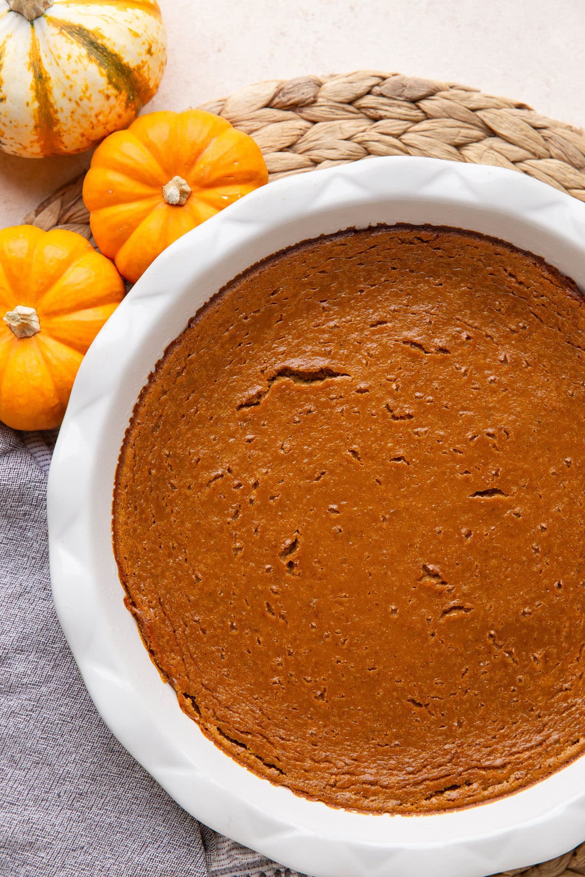 Pie dish of crustless pumpkin pie with fresh pumpkins to the side.